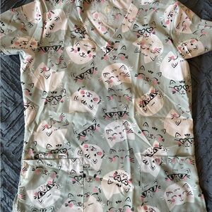 Cute Cat Print Scrub Top